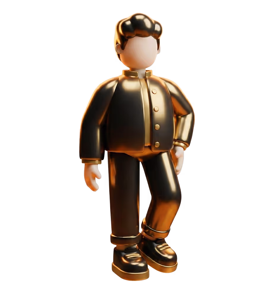 Figurine stylisée d'un homme en tenue noire et or debout, avec une main sur la hanche.