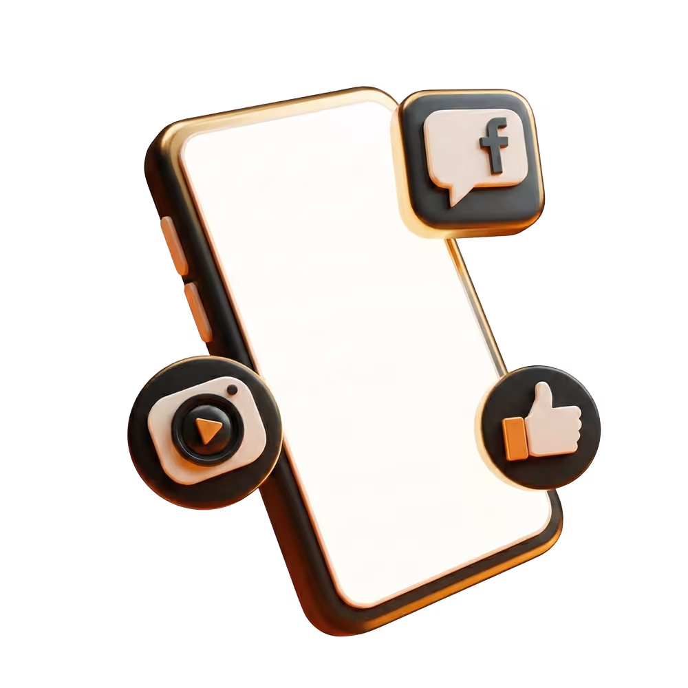 Téléphone avec écran blanc entouré d'icônes de médias sociaux.